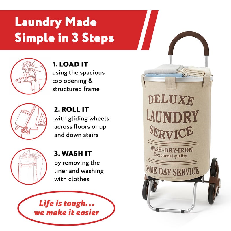 dbest products Stair Climber Laundry Trolley Dolly, Beige Laundry Bag Hamper Basket cart with wheels sorter - Image 3